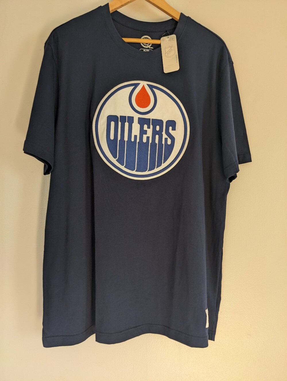 NWT NHL Oilers T Shirt Mens XL Navy Blue Large Embroidered Decal Hockey Cotton